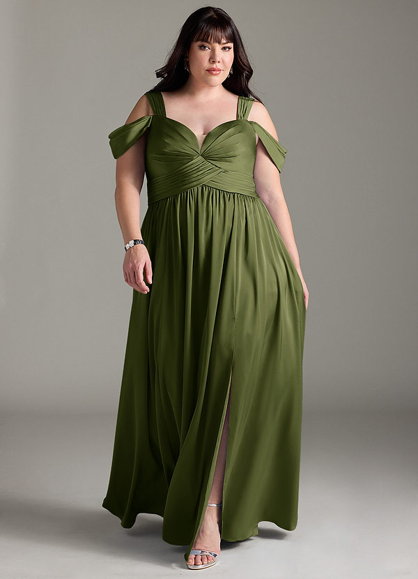 Azazie Lianne Bridesmaid Dresses Olive A-Line Off the Shoulder Stretch Satin Dress image1