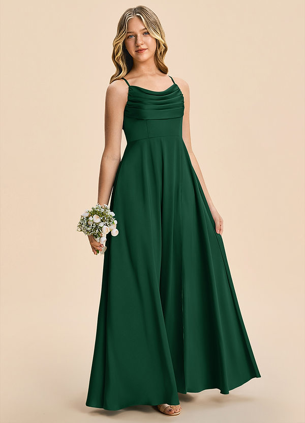 Azazie Marney Junior Vestido Verde Oscuro de Satén Elástico de Corte en A con Plisado image1