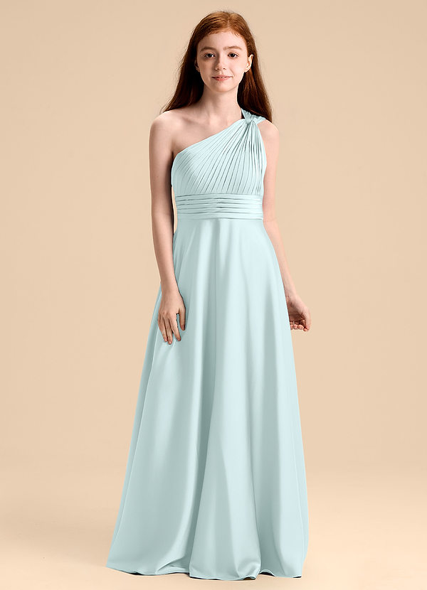 Azazie Charlize Junior Robe Trapèze en Satin extensible Plissée Verre De Mer image1