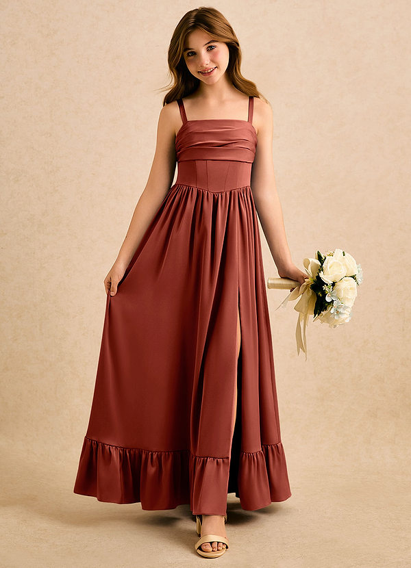 Azazie Maisie Girls Formal Sukienki dla dziewczynek sypiących kwiaty Linia A Marszczony Satyna elastyczna Długość podłogi Sukienka image1