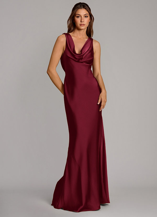 Azazie Cheryl Vestidos de dama de honor Vestido Borgoña de Satén Elástico de Corte Sirena image1