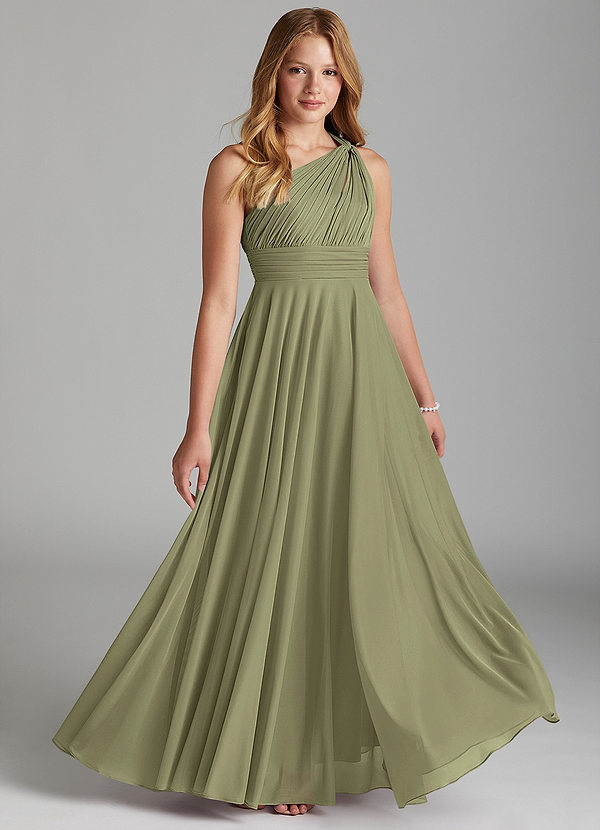 Azazie Charlize Junior Pistachio A-Line Mesh Dress image1