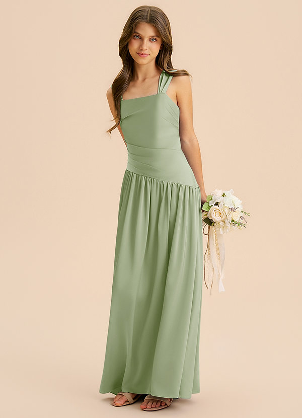 Azazie Dotty Junior Dusty Sage A-Line Pleated Stretch Satin Dress image1