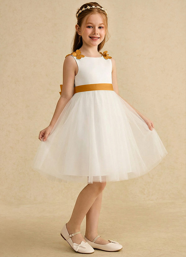 Azazie Lona Abiti da Ragazza di Fiori Abito A-Line in Raso Opaco Fiocco Avorio Caramello image1