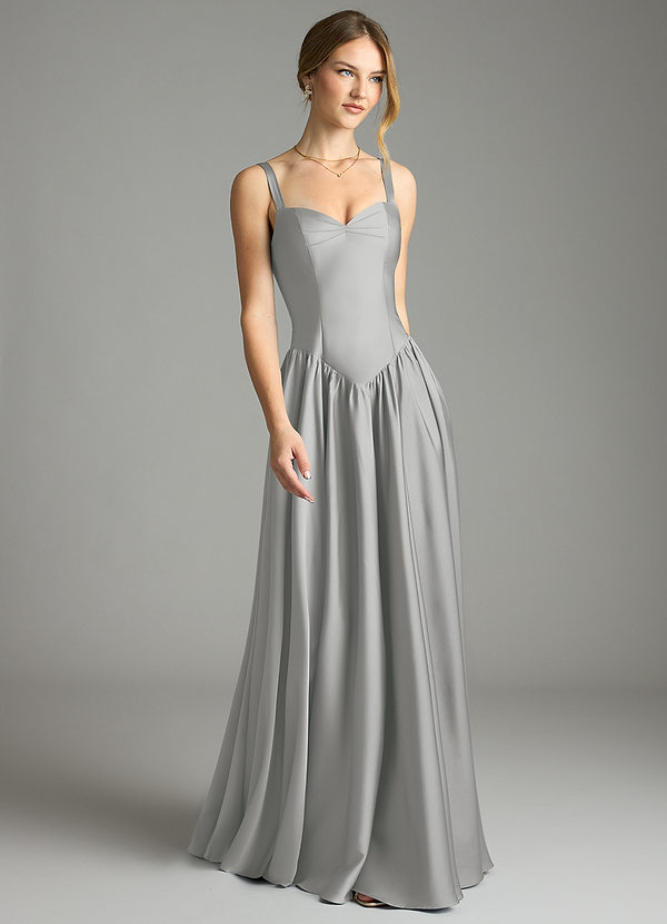 Azazie Evadina Vestidos Dama de Honor Vestido de Plata de Satén Elástico de Corte en A con Corsé image1