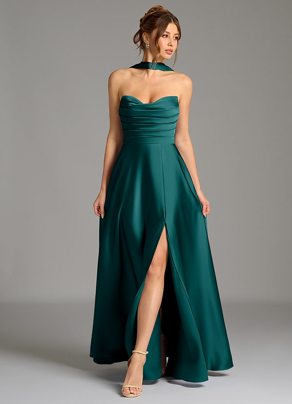 Azazie Ayla Abiti da Damigella Abito A-Line in Raso Elasticizzato Corsetto Verde Pavone image1