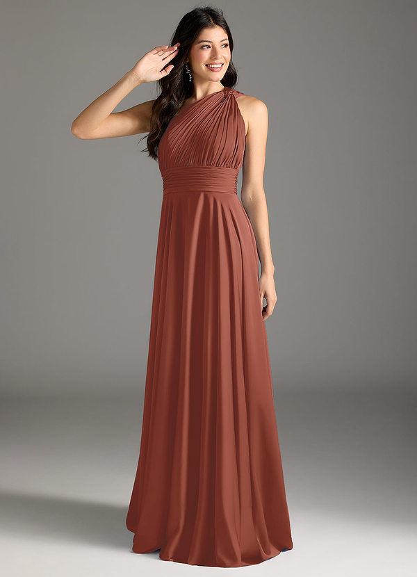 Azazie Charlize Bridesmaid Dresses Auburn A-Line One Shoulder Stretch Satin Dress image1