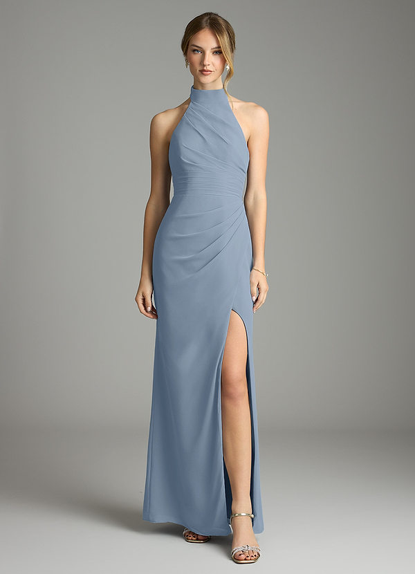 Azazie Jemma Bridesmaid Dresses Dusty Blue Sheath Pleated Chiffon Dress image1