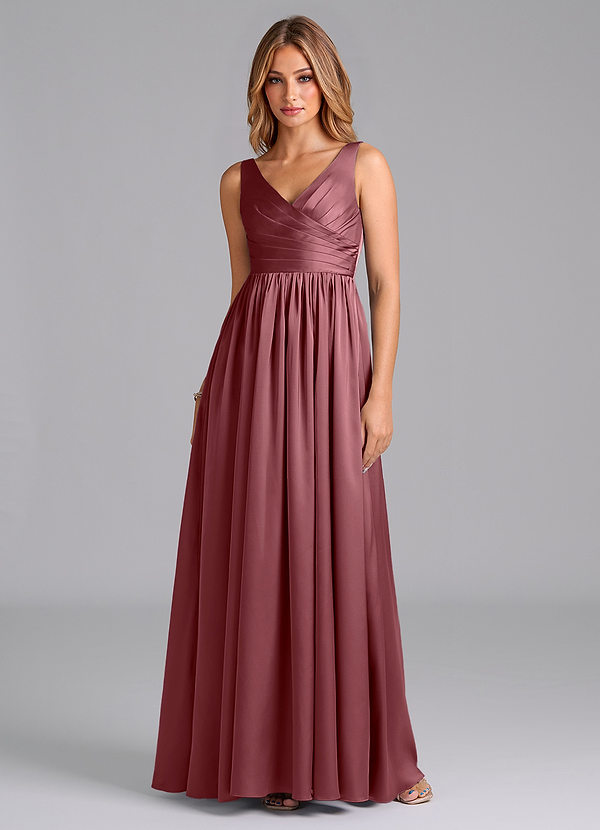 Azazie Keyla Bridesmaid Dresses Desert Rose A-Line Pleated Stretch Satin Dress image1