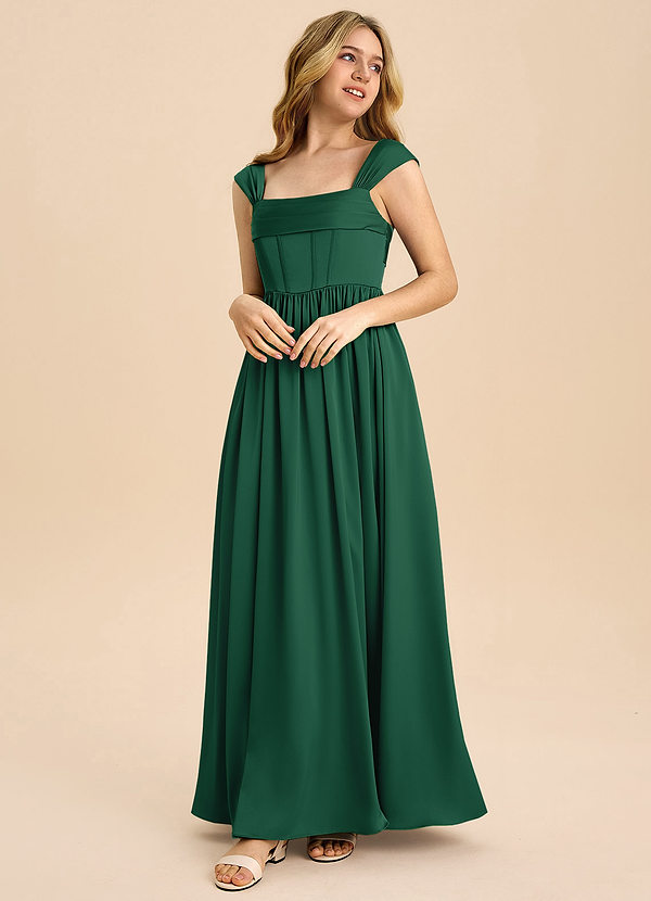 Azazie Hattie Junior Abito A-Line in Raso Elasticizzato Plissettato Verde Scuro image1