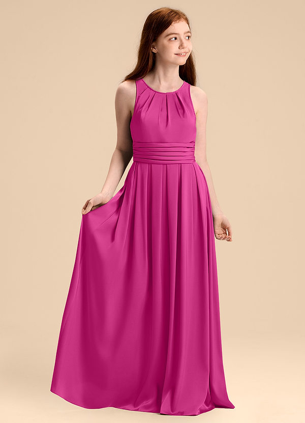 Azazie Bibiane Junior Fuchsia A-Line Pleated Stretch Satin Dress image1