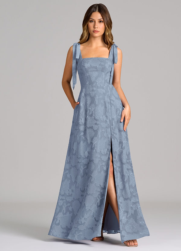 Azazie Debra 신부 들러리 드레스 A라인 포켓이 있는 플로럴 번아웃 바닥 길이 드레스 image1