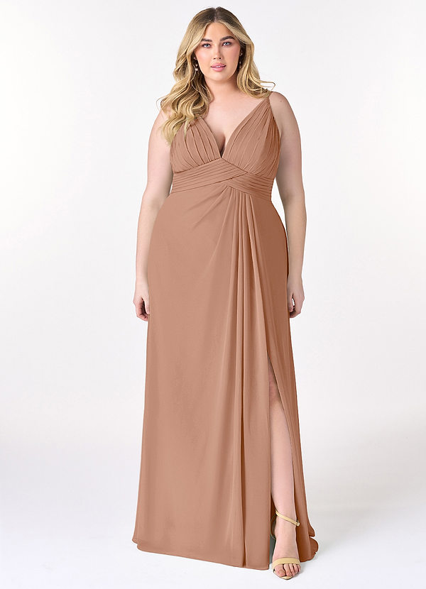 Azazie Maren Allure Bridesmaid Dresses Champagne Rose A-Line V-Neck Lace Chiffon Dress image1