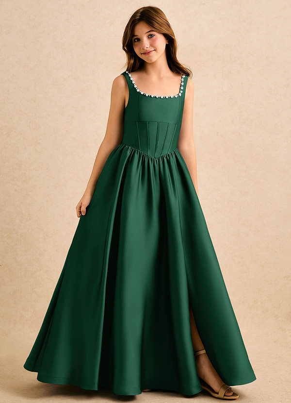 Azazie Enid Girls Formal Sukienki dla dziewczynek sypiących kwiaty Linia A Zroszony Satyna elastyczna Długość podłogi Sukienka image1