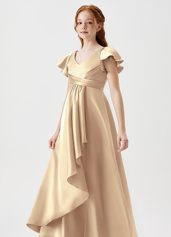 Azazie Omari Junior A-Linie Plissee Metallischer Satin Kleid Gold image1