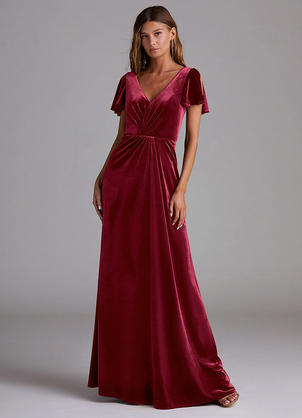 Azazie Soren Bridesmaid Dresses Burgundy A-Line Velvet Dress image1