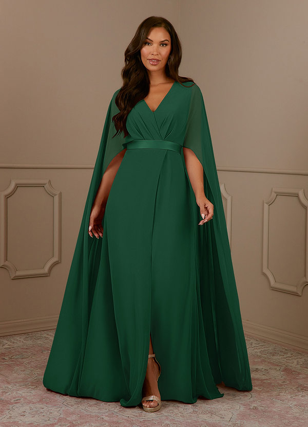 Azazie Isa Mother of the Brides Dresses Dark Green A-Line V-Neck Pleated Chiffon Dress image1