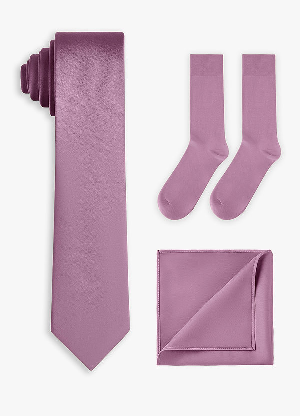 front Set coordinato di cravatta sottile in raso elasticizzato, fazzoletto da taschino e calzini