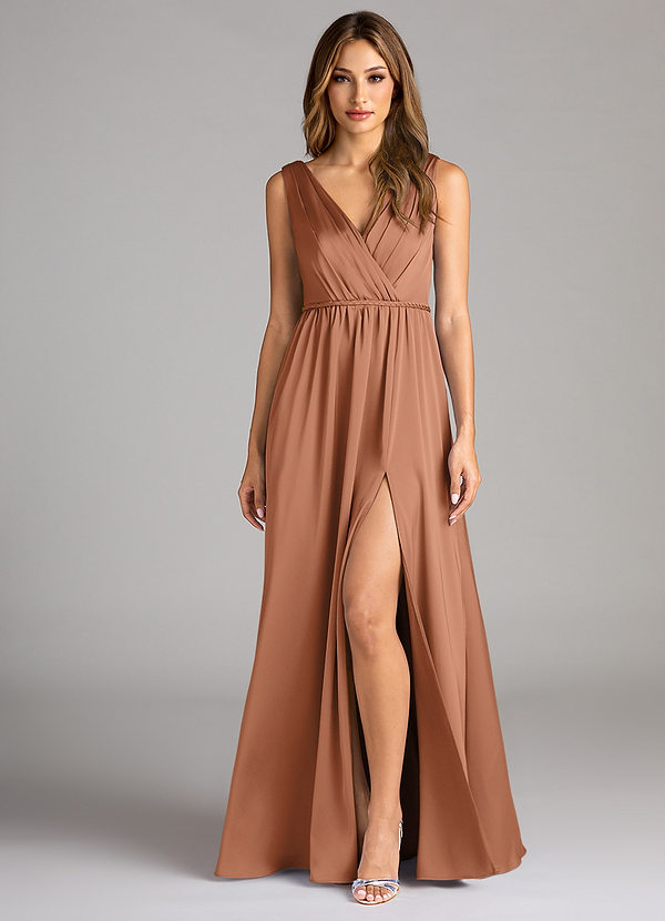 Azazie Tanicia Bridesmaid Dresses Bronzer A-Line Pleated Stretch Satin Dress image1