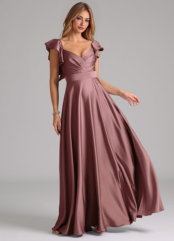 Azazie Leilani Bridesmaid Dresses Vintage Mauve A-Line Ruched Stretch Satin Dress image1