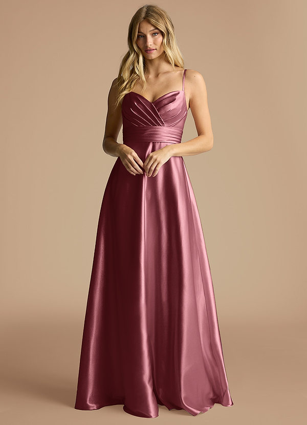 Azazie Oliana Bridesmaid Dresses Desert Rose A-Line Sweetheart Neckline Metallic Satin Dress image1