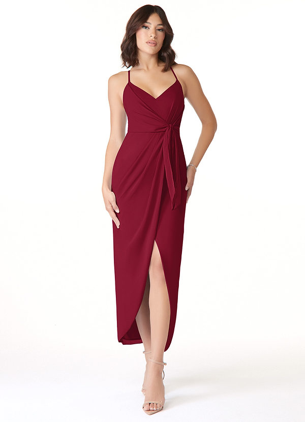 Azazie Ollie Bridesmaid Dresses Burgundy Sheath Ruched Stretch Chiffon Dress image1