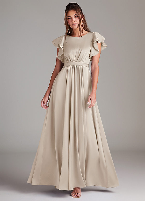 Azazie Daphne Modest Bridesmaid Dresses A-Line Ruched Stretch Satin Floor-Length Dress image1