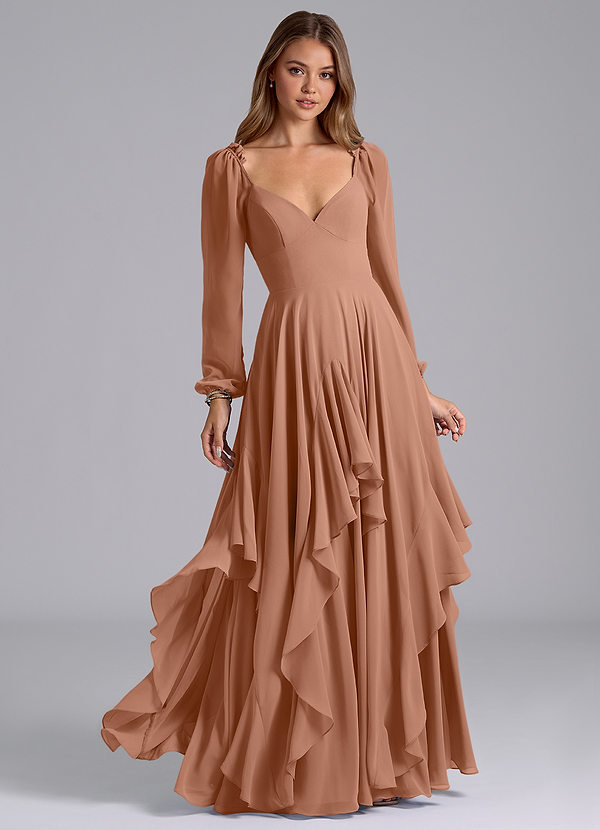 Azazie Karan Bridesmaid Dresses Bronzer A-Line Long Sleeve Chiffon Dress image1