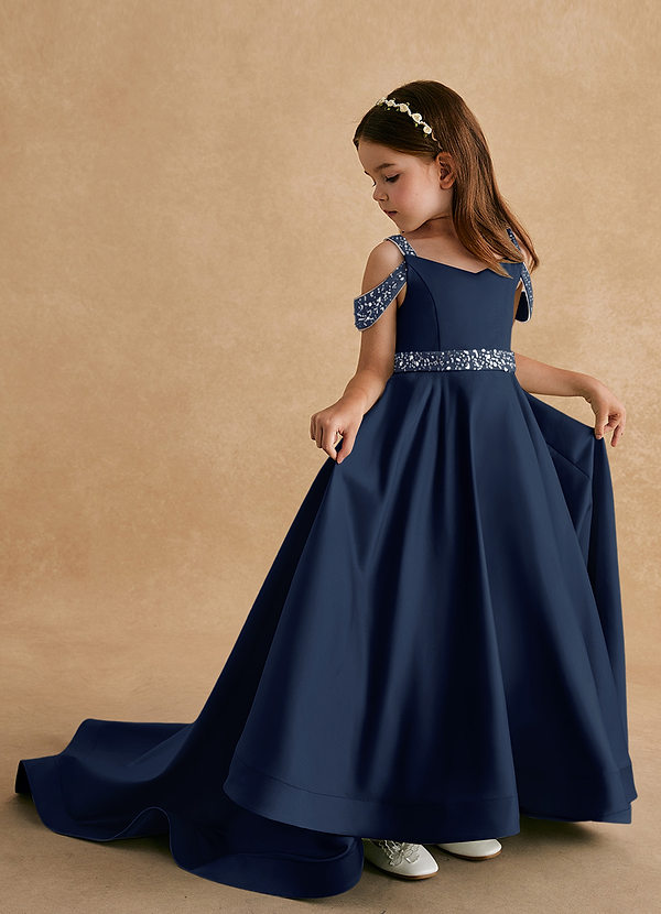 Azazie Jodi Robes de Fillette d'Honneur Robe Trapèze en Mat Satiné Bleu Marine Foncé image1