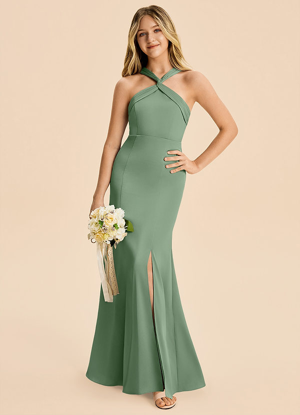Azazie Rue Junior Robe Sirène en Satin extensible Plissé Matcha image1