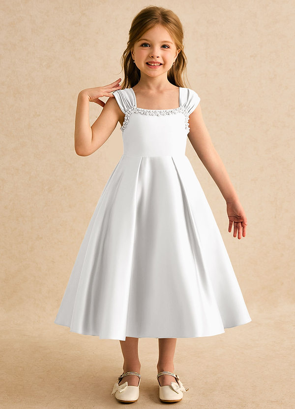 Azazie Yosemite Robes de Fillette d'Honneur Robe Princesse en Mat Satiné Encolure en Forme de Cœur Blanc image1