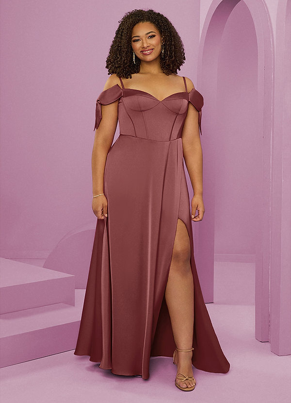 Barbie ♥ Azazie Bridesmaid Dresses Amethyst A-Line Off the Shoulder Stretch Satin Dress image1