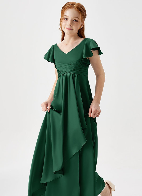 Azazie Omari Junior Dark Green A-Line Pleated Stretch Satin Dress image1