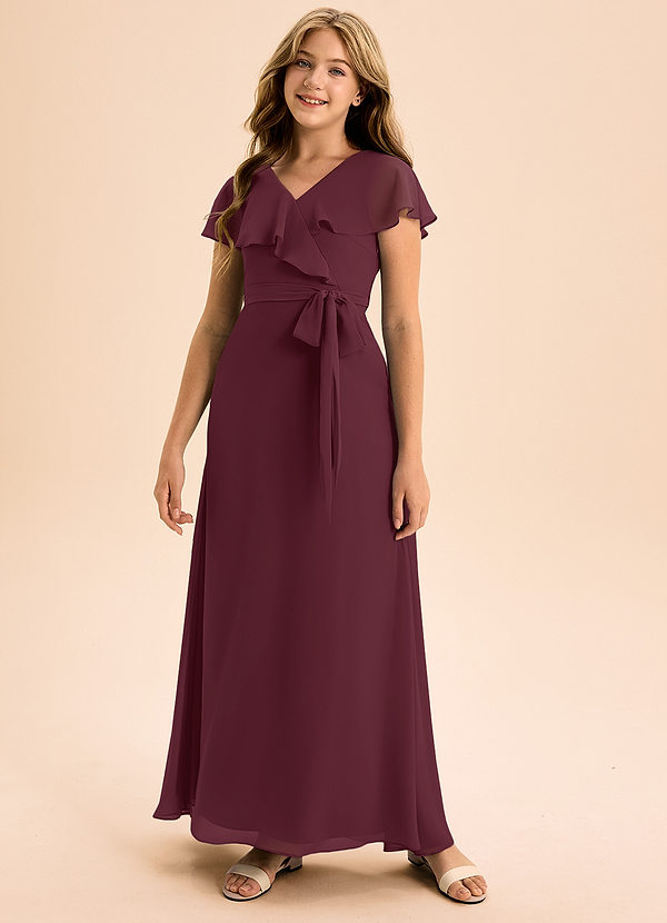 Azazie Lainey Junior Vestido de Cabernet de Gasa de Corte En A con Con bolsillos image1