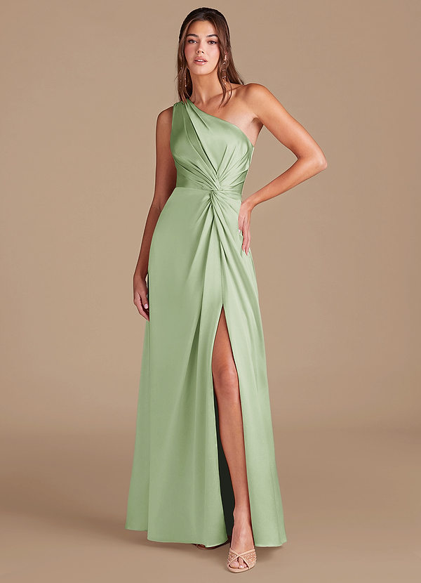 Azazie Brooke Bridesmaid Dresses Dusty Sage A-Line One Shoulder Metallic Satin Dress image1
