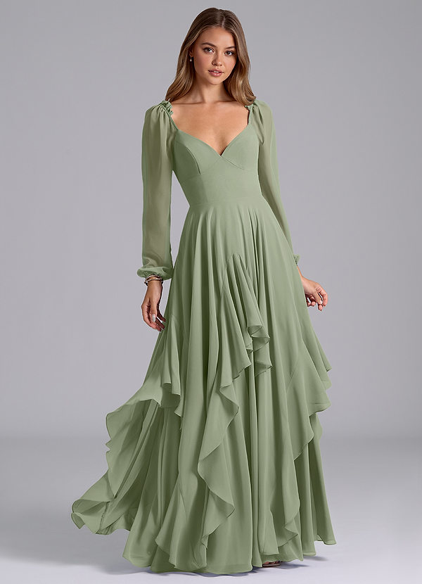 Azazie Karan Vestidos de dama de honor Vestido Pistacho de Gasa de Línea A con Manga larga image1