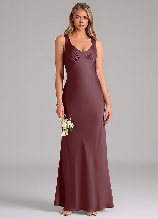Azazie Kamila Bridesmaid Dresses Sangria A-Line Pleated Stretch Satin Dress image1