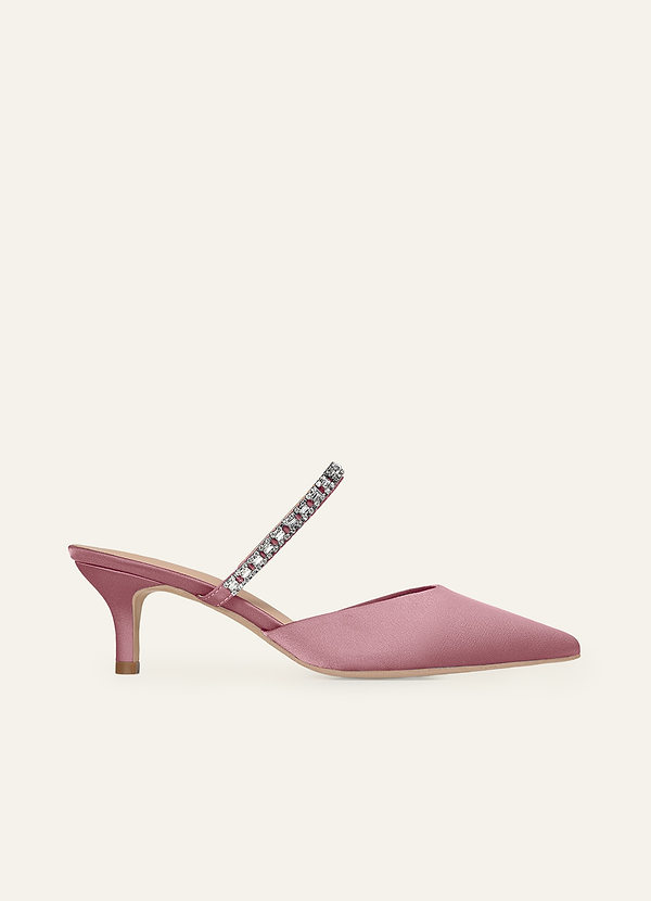 front Zapatos de tacón bajo con diamantes de imitación y satén elástico a juego