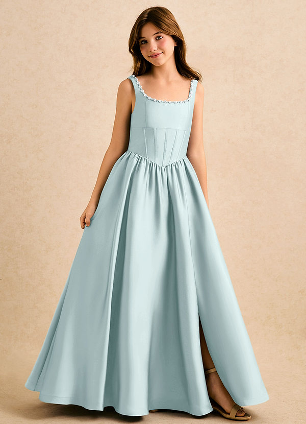 Azazie Enid Girls Formal Blomsterpigekjoler A-Line Perlebesat Stræk satin Gulv-længde Kjole image1