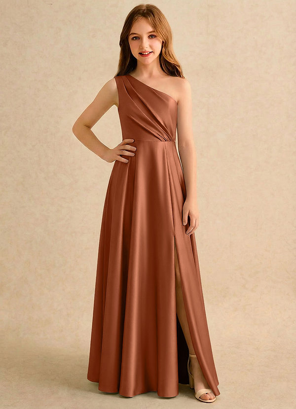 Azazie Puddles Girls Formal Abiti da Ragazza di Fiori Abito A-Line in Raso Elasticizzato Monospalla Rame image1