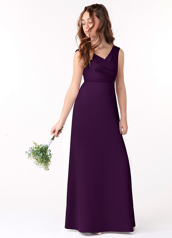 Azazie Sadia Junior Grape A-Line Pleated Stretch Satin Dress image1