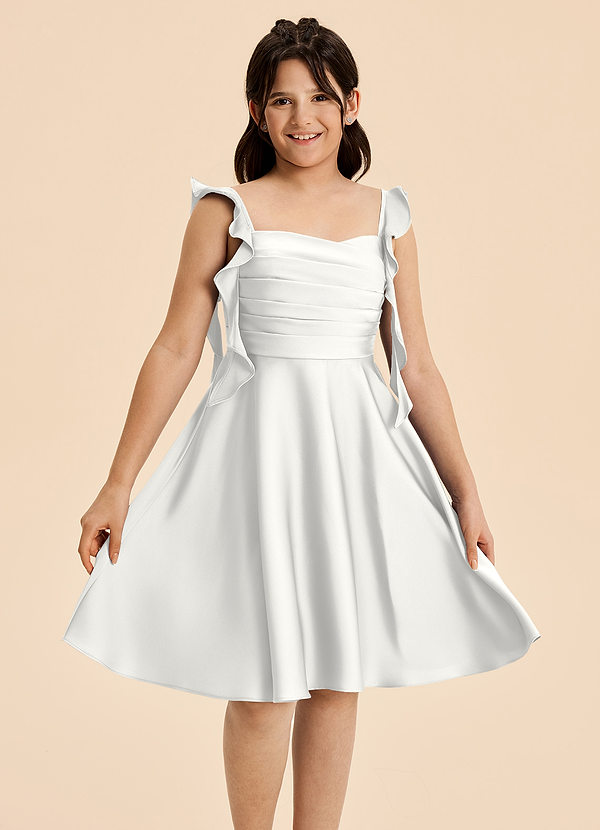 Azazie Kira Junior Vestido de Blanco de Satén Elástico de Corte en A con Volante image1