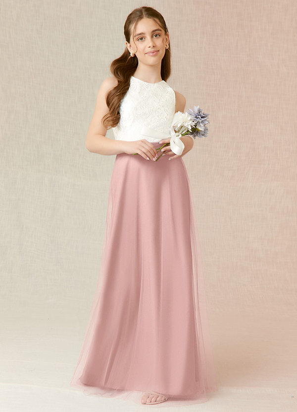 Azazie Albertine Junior Powder Pink A-Line Lace Chiffon Dress image1