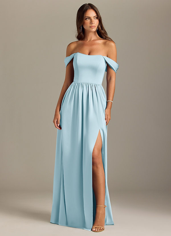 Azazie Calianna Bridesmaid Dresses Sky Blue A-Line Off the Shoulder Stretch Satin Convertible Dress image1