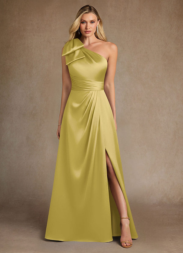 Azazie Easton 신부의 어머니 드레스 A라인 한쪽 어깨 스트레치 새틴 플로어 길이 드레스 image1