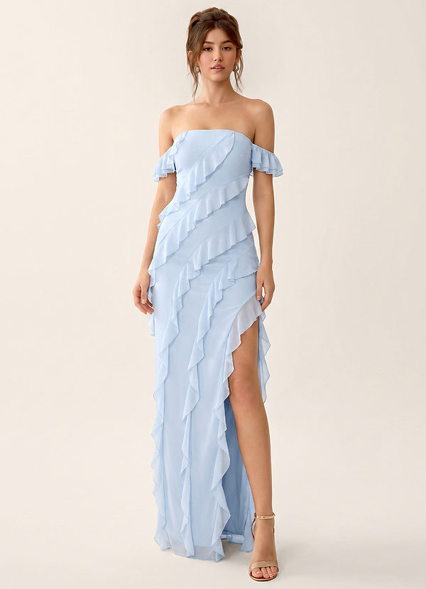 Nerissa Hemelsblauw Off-the-shoulder chiffon jurk met ruches en split tot op de grond image1