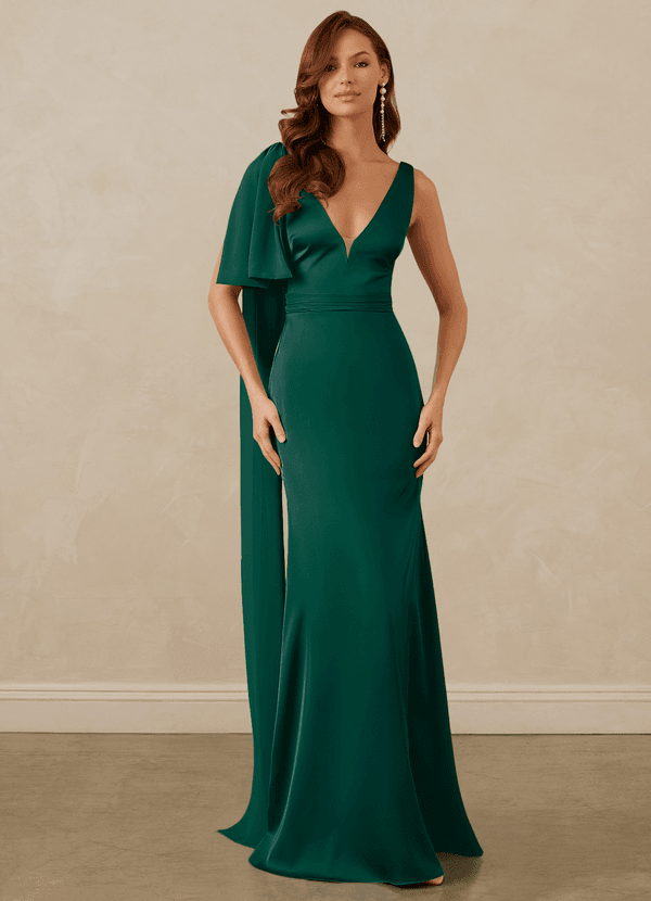 Christian Siriano Bridal for Azazie 1011 Bridesmaid Dresses Emerald Mermaid Bow Stretch Satin Dress image1
