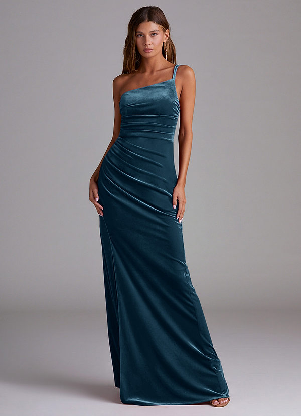 Azazie Eren Robes Demoiselle d'honneur Robe Fourreau en velours Une épaule Topaze Bleue image1