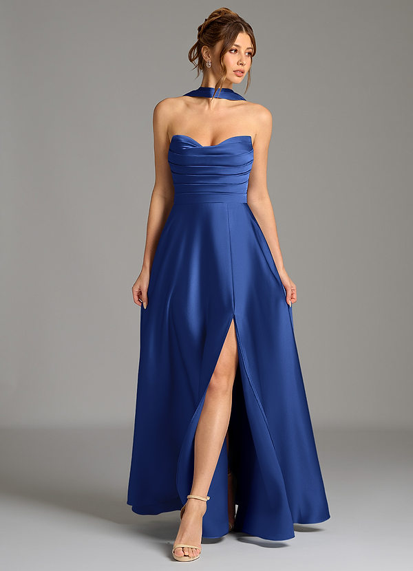 Azazie Ayla Bridesmaid Dresses Royal Blue A-Line Corset Stretch Satin Dress image1