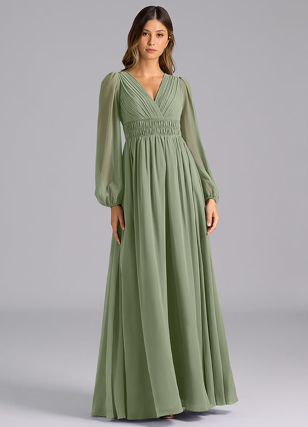 Azazie Palerma Robes de demoiselle d'honneur Robe Trapèze en Mousseline de soie Manches longues Pistache image1